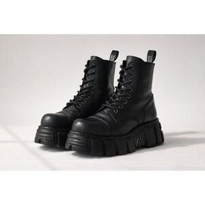 NEW ROCK Mens Black Leather Platform Combat Boots Size 45 Made in Spain
